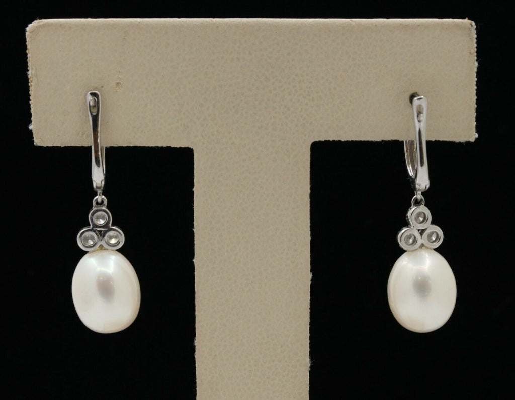 Vintage 14K White Gold Hanging Pearl Diamond Earrings