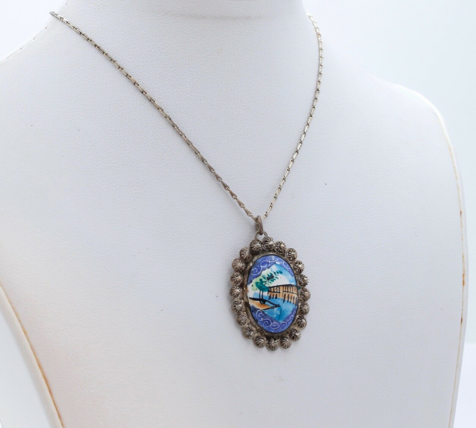 Beautiful Vintage 925 Silver Enamel Portrait Floral Pendant and Chain