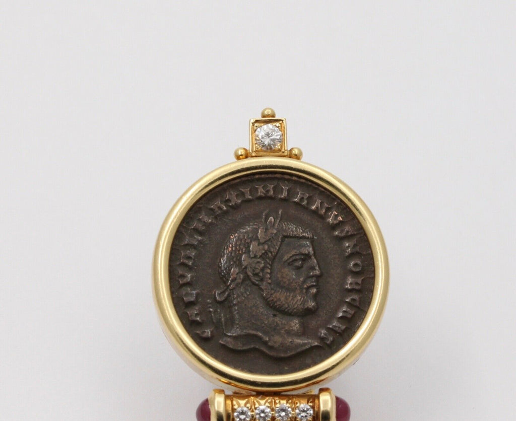 Roman Coin Rubies Diamond Pearl 18K Yellow Gold Brooch Pin