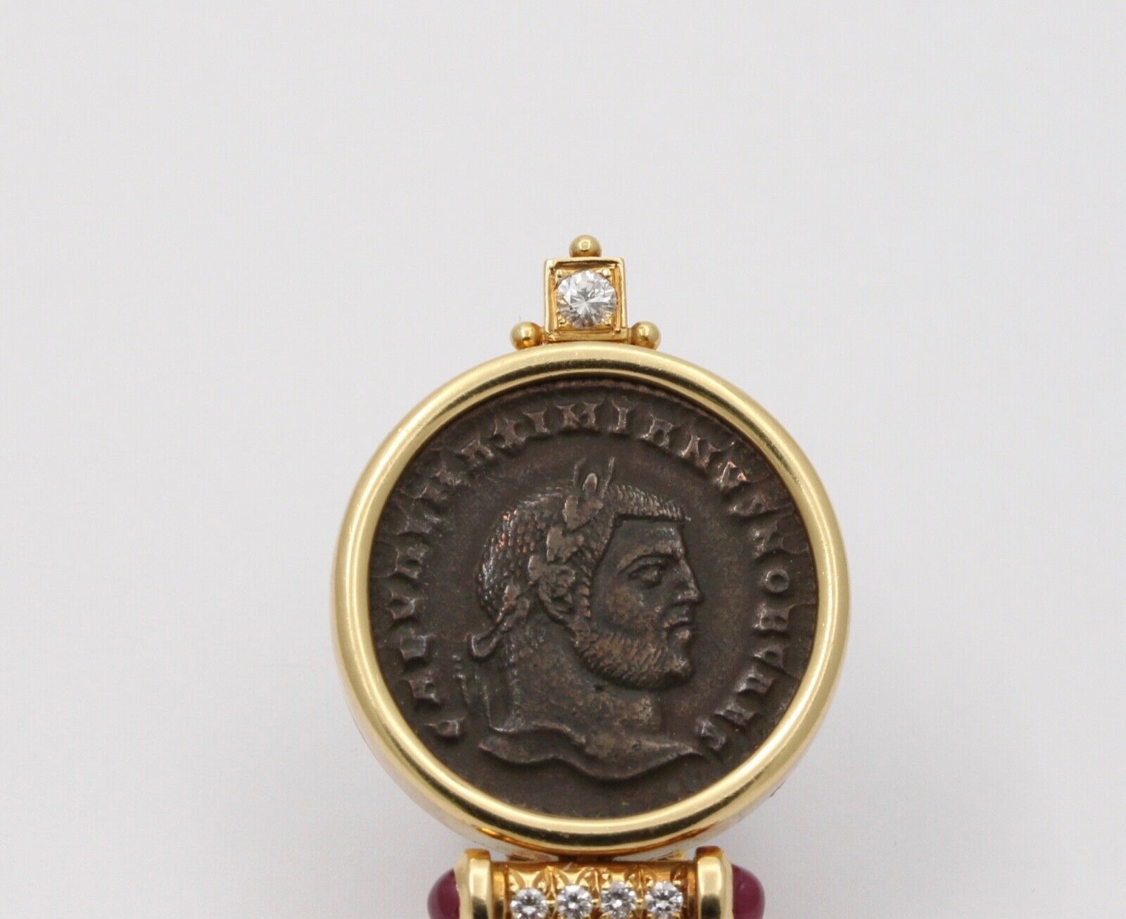 Roman Coin Rubies Diamond Pearl 18K Yellow Gold Brooch Pin