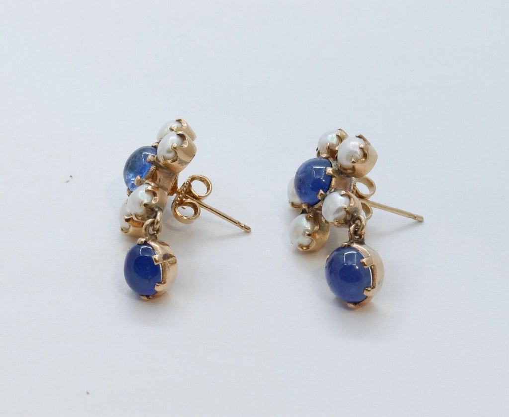 Beautiful Cabochon Sapphires Cultured Pearl 14K Yellow Gold Earrings