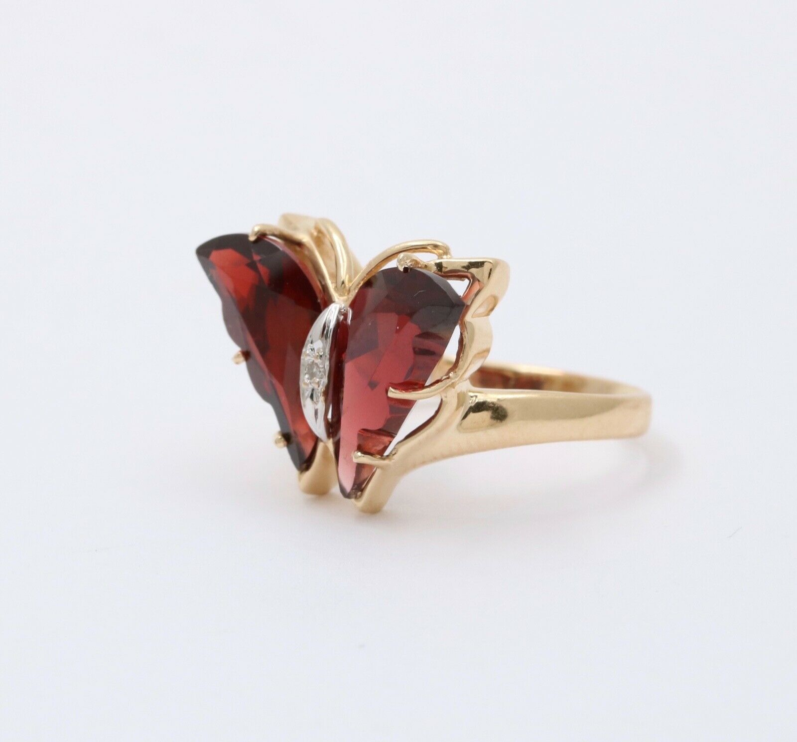 Vintage Butterfly Garnets Diamond 14K Yellow White Gold Ring