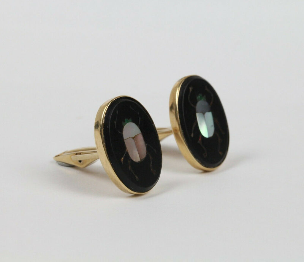 Pietra Dura Vintage 14K Yellow Gold Scarab Cufflinks
