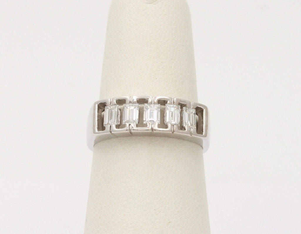 Vintage Emerald Cut Diamond Half Eternity 18K White Gold Ring Band