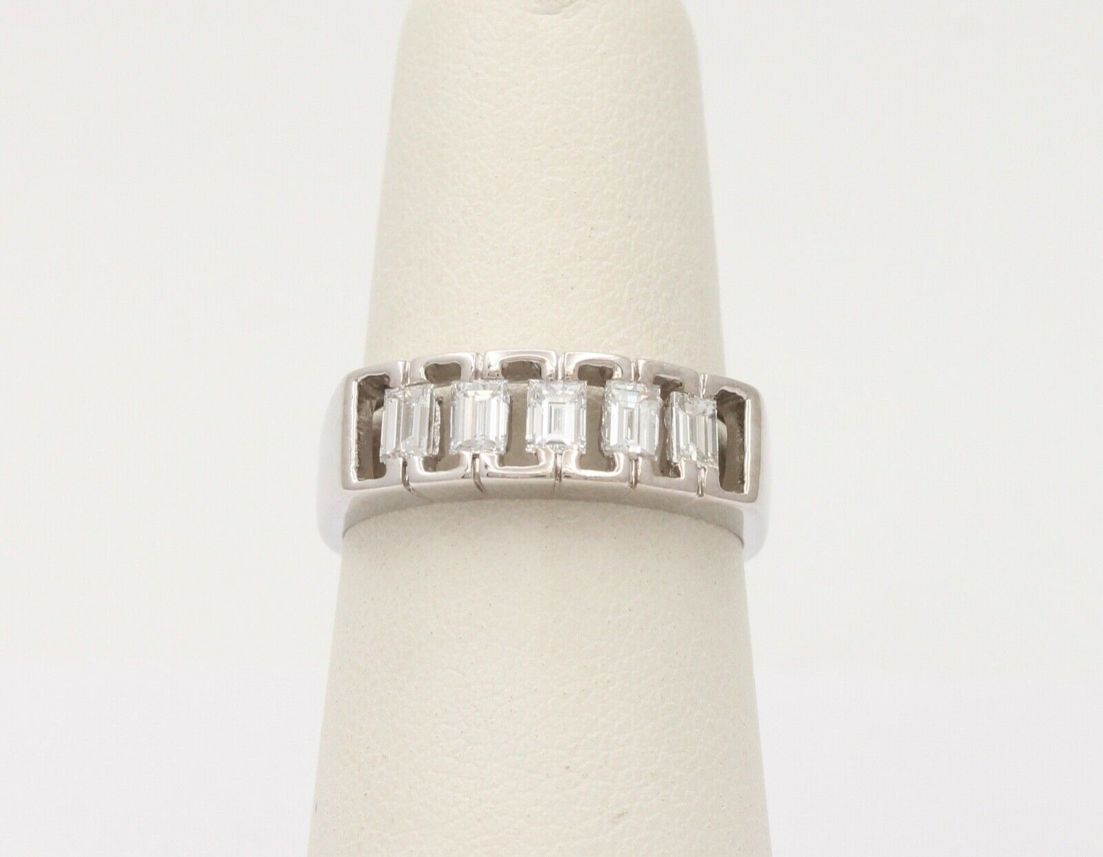 Vintage Emerald Cut Diamond Half Eternity 18K White Gold Ring Band