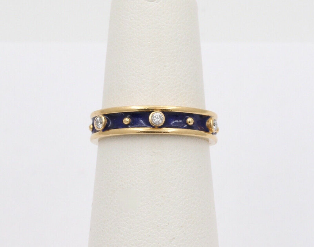 Vintage Ladies Diamonds 18K Yellow Gold Enamel Wedding Band Stacking Ring