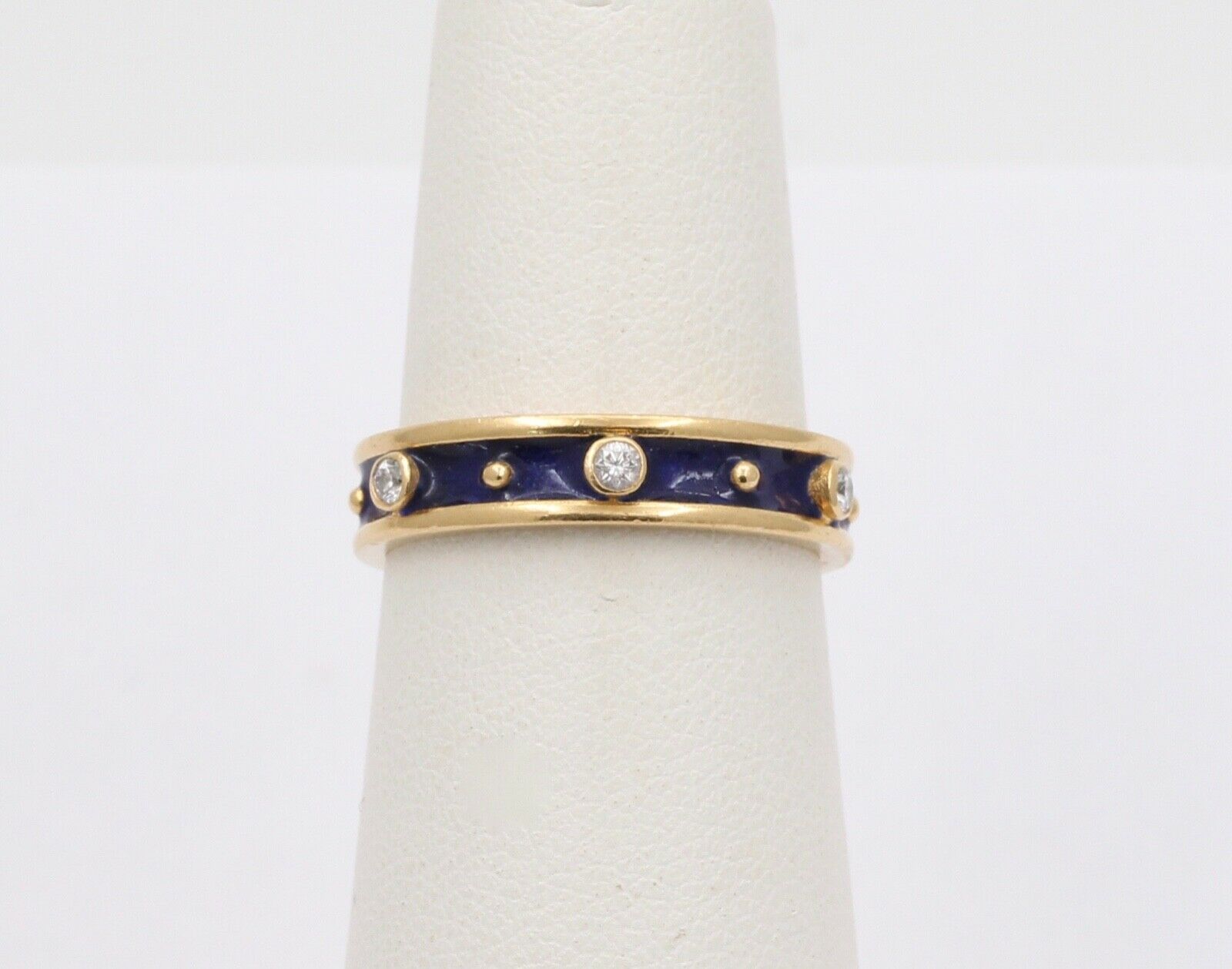 Vintage Ladies Diamonds 18K Yellow Gold Enamel Wedding Band Stacking Ring