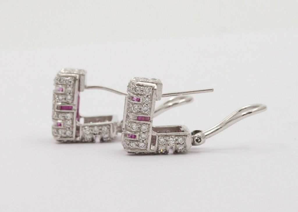 Vintage 18K White Gold Haggis’s Emerald Cut Pink Topaz Diamond Earrings