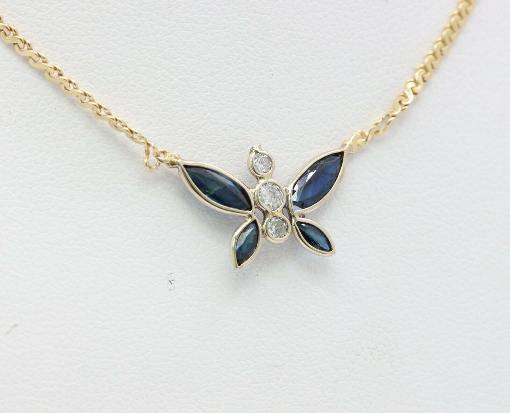 Vintage 14K Yellow Gold Diamond Sapphire Butterfly Pendant