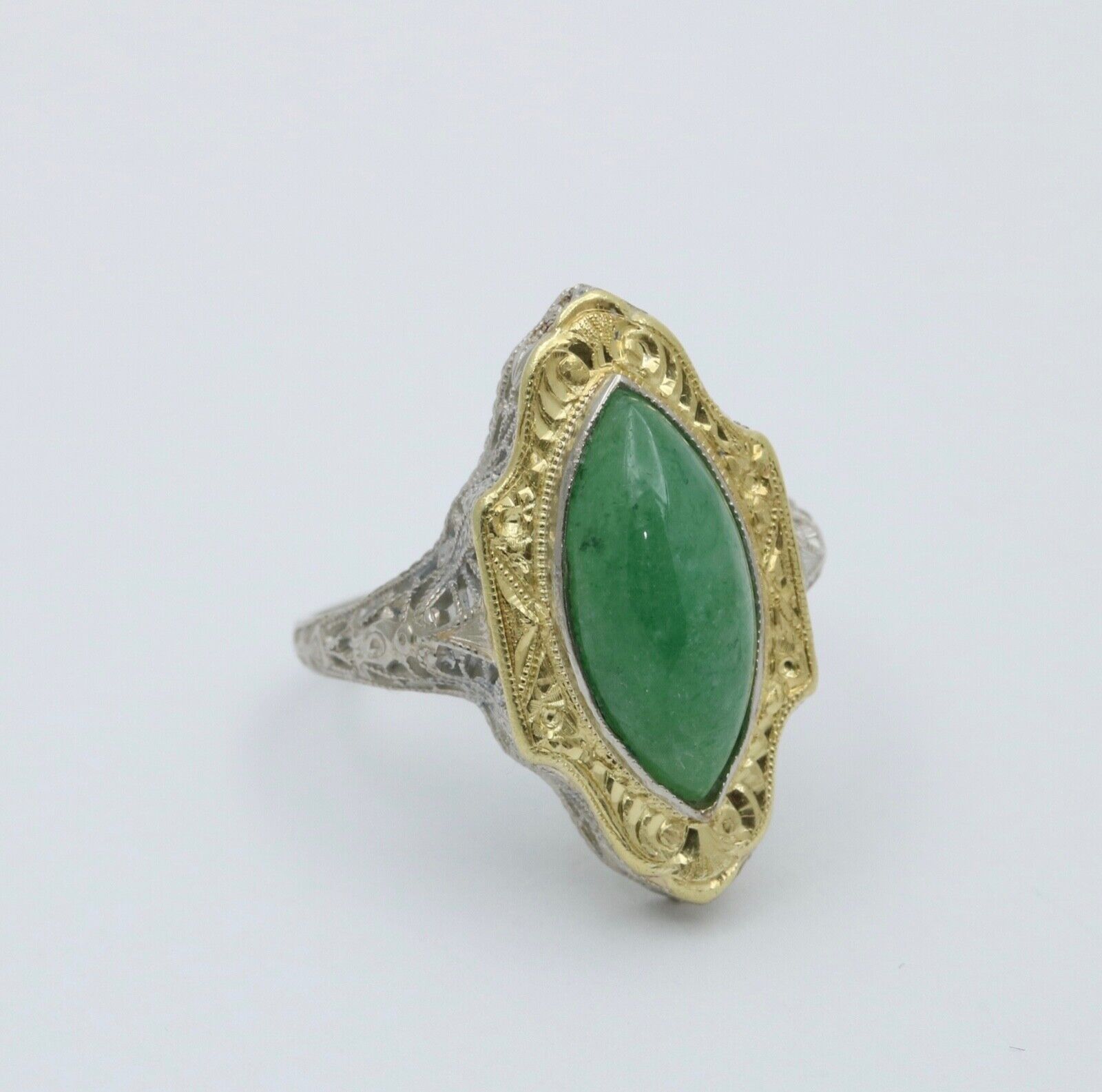 Art Deco 14K Gold Jade Navette Filigree Ring