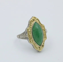 Load image into Gallery viewer, Art Deco 14K Gold Jade Navette Filigree Ring
