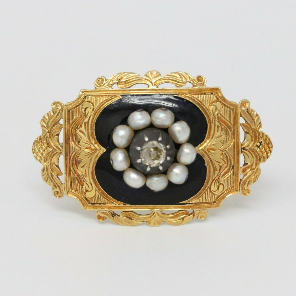 Victorian18K Yellow Gold Black Enamel Diamond Pearl brooch