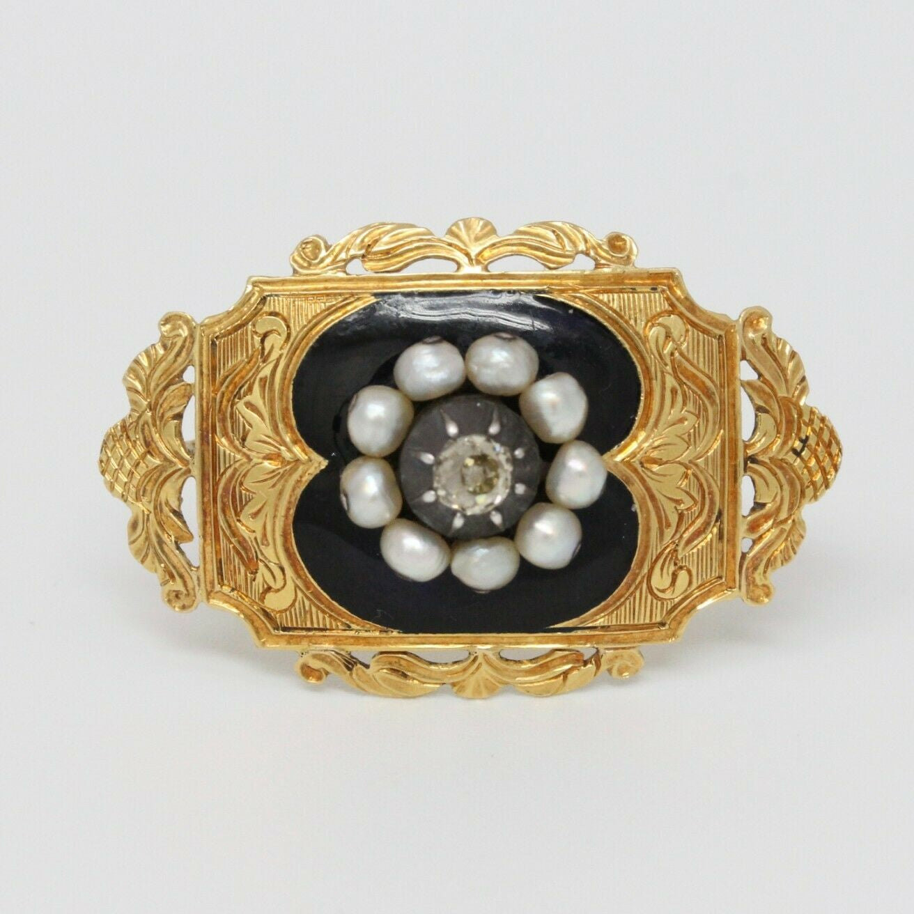 Victorian18K Yellow Gold Black Enamel Diamond Pearl brooch