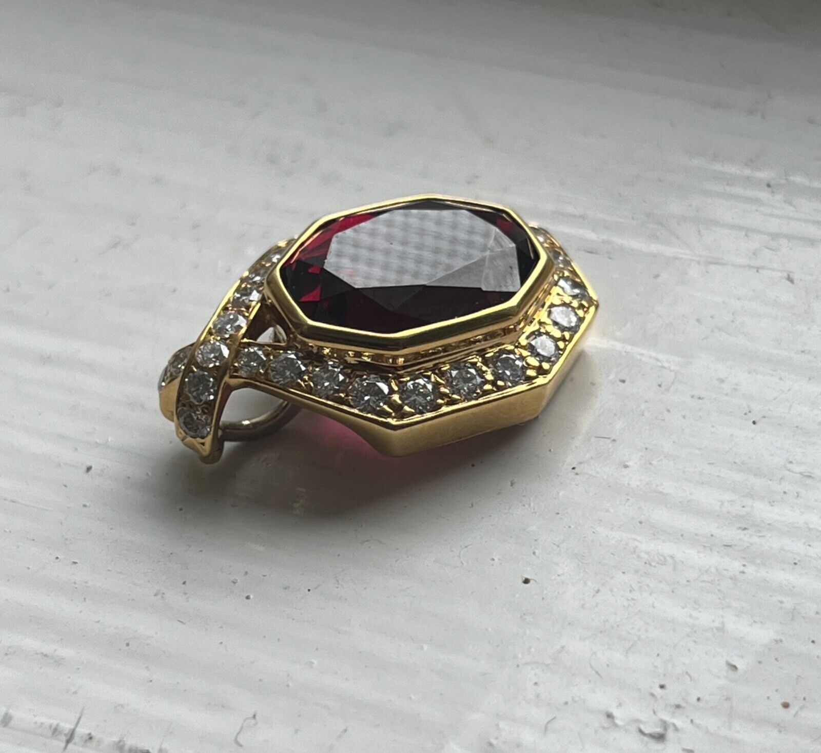 Vintage 18K Yellow Gold Rubellite Tourmaline Diamond Pendant Necklace.