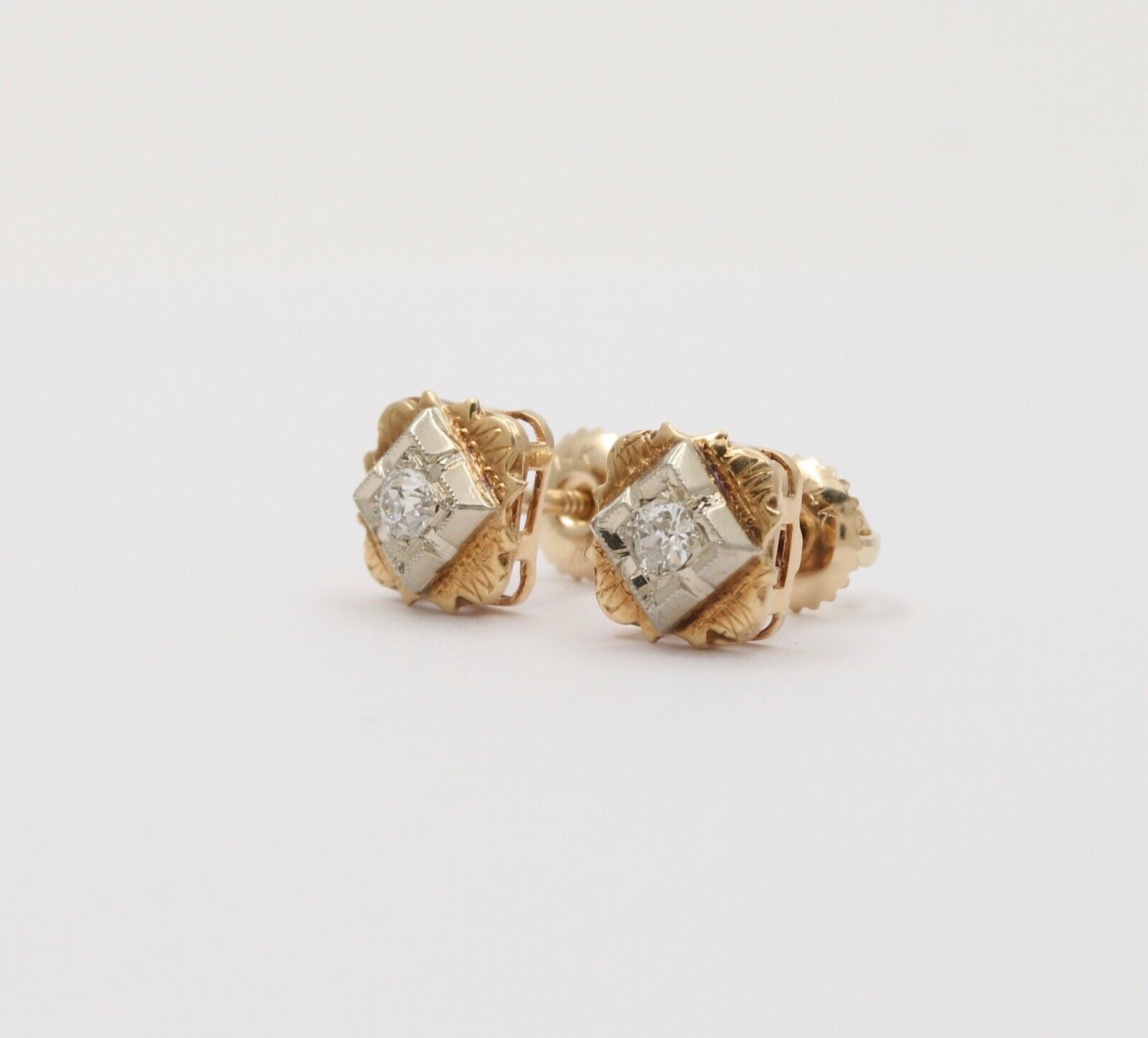 Antique Victorian 14K Yellow & White Gold Old Mine Cut Diamonds Studs Earrings