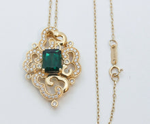 Load image into Gallery viewer, Beautiful Vintage Green Tourmaline Diamonds 14K Yellow Gold Pendant and Chain
