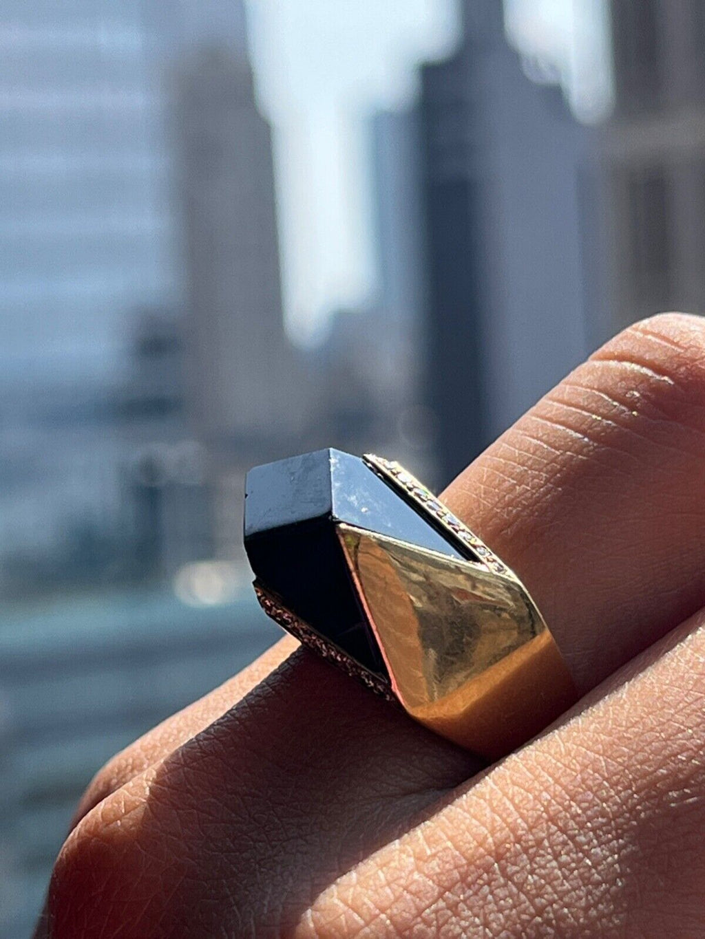 Vintage 14K Yellow Gold Geometric Onyx & Diamond Ring