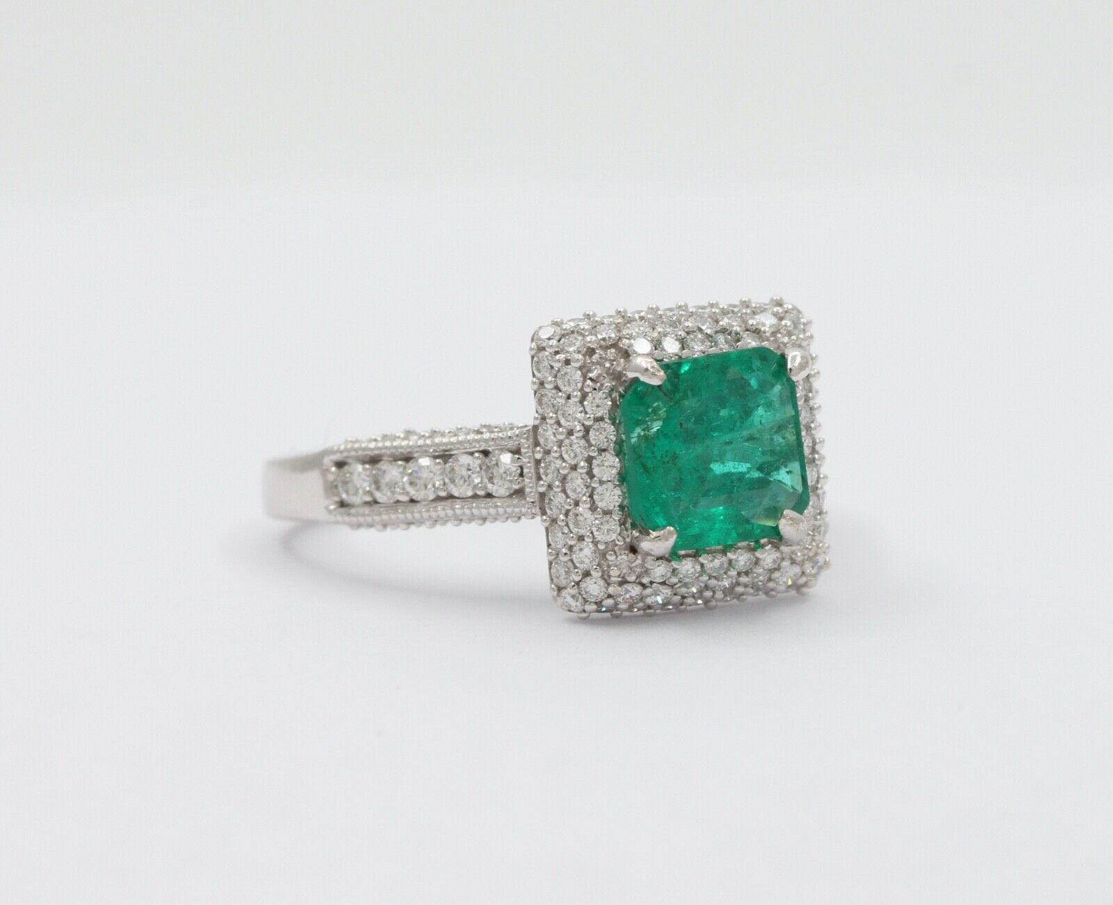 Vintage 14K White Gold Emerald Diamond Cocktail Ring