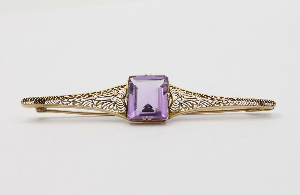 Antique Art Deco Amethyst 10K Yellow Gold Filigree Bar Pin