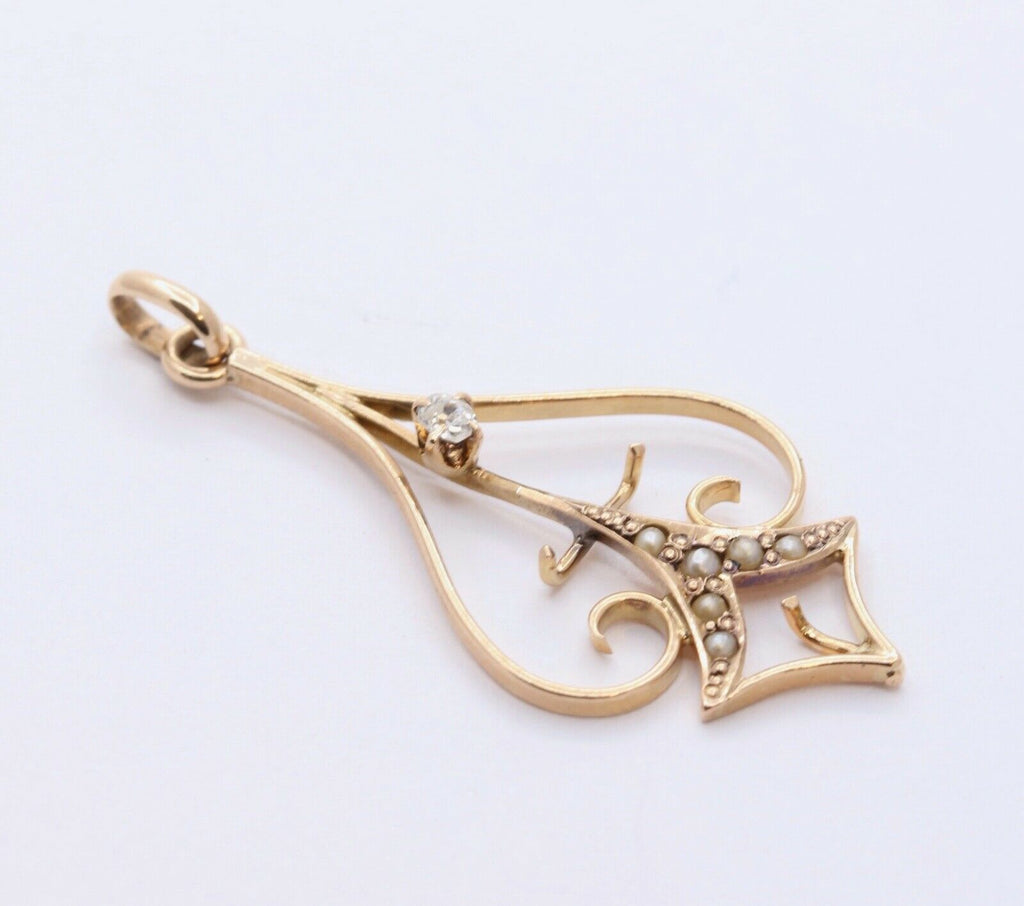Victorian 10 Yellow Gold Diamond Seed Pearls Pendant
