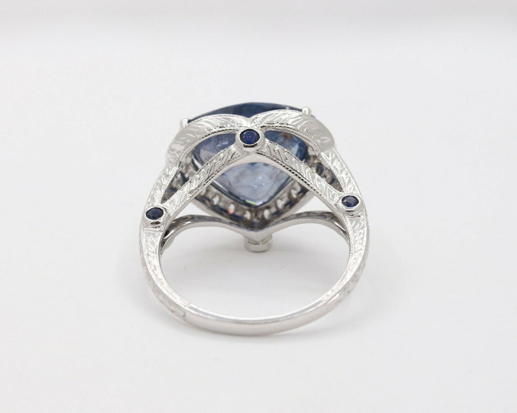 Vintage 18K White Gold Trillion- Cut Sapphire Diamond Halo Ring
