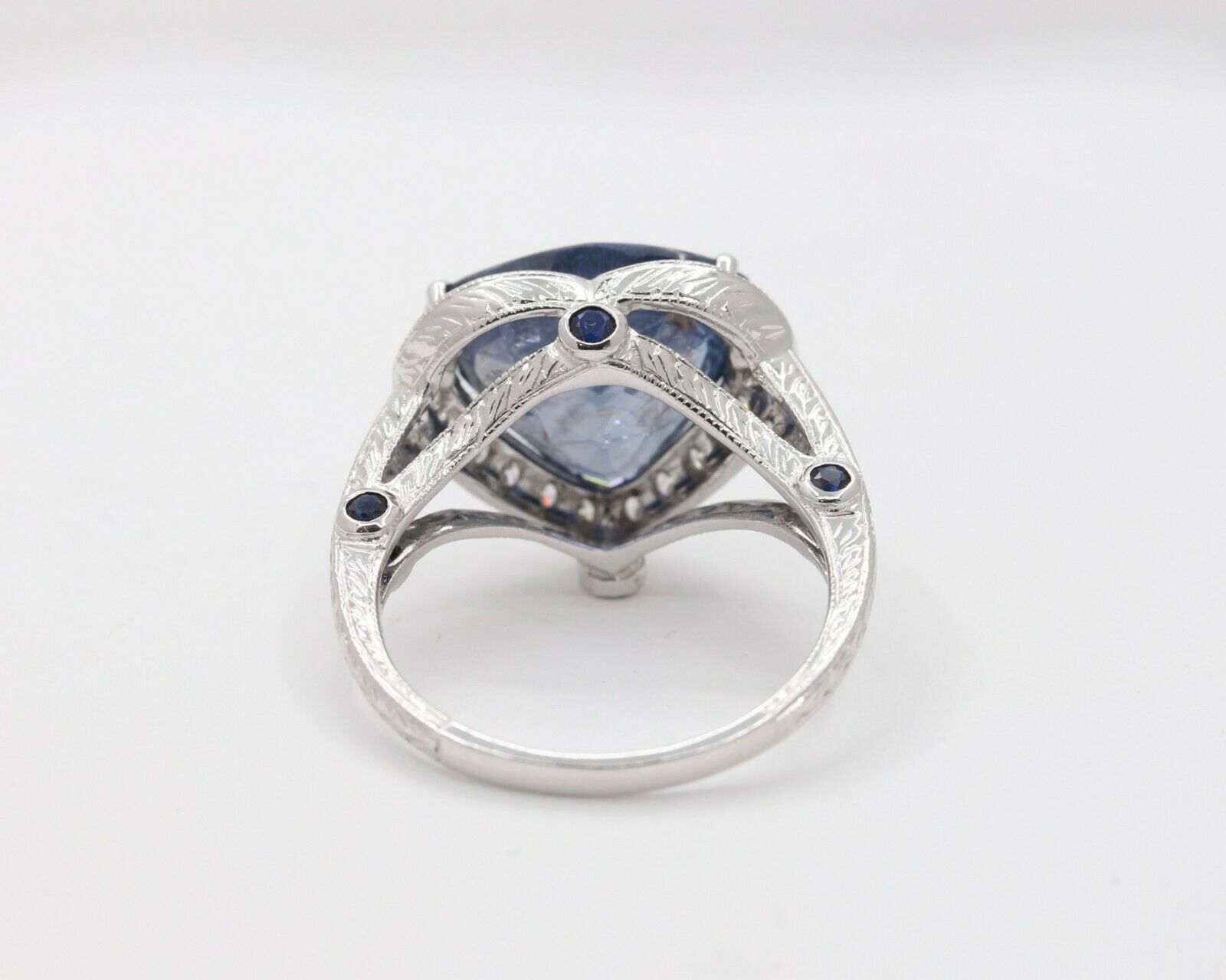 Vintage 18K White Gold Trillion- Cut Sapphire Diamond Halo Ring