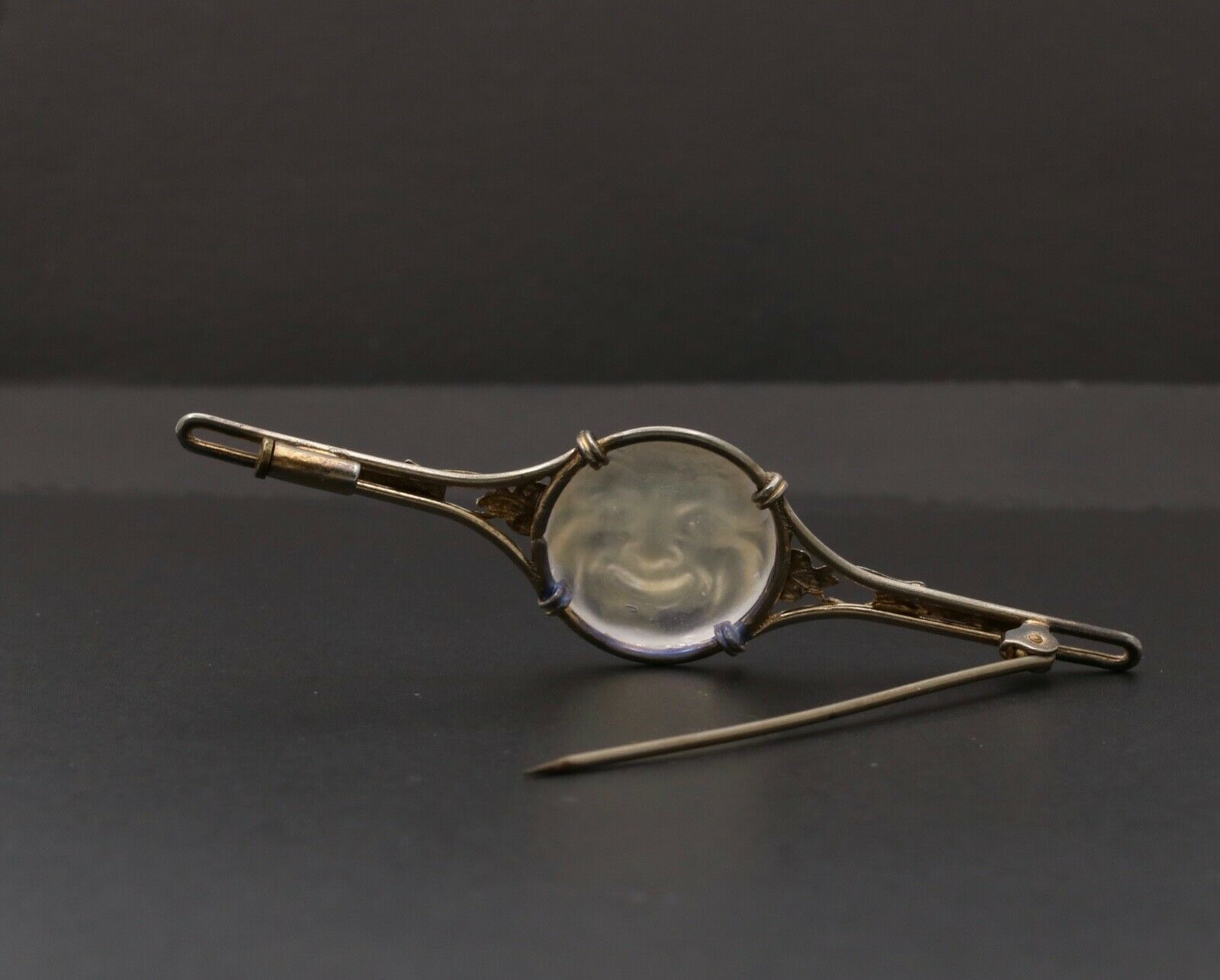 Vintage Man In The Moon Art Glass GF Brooch Pin