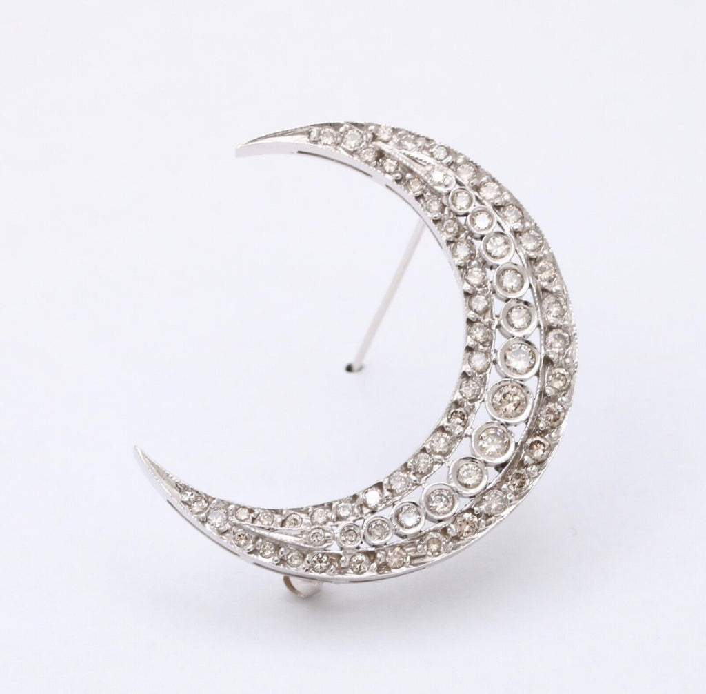 Vintage Diamonds 14K White Gold Crescent Moon Brooch Pin