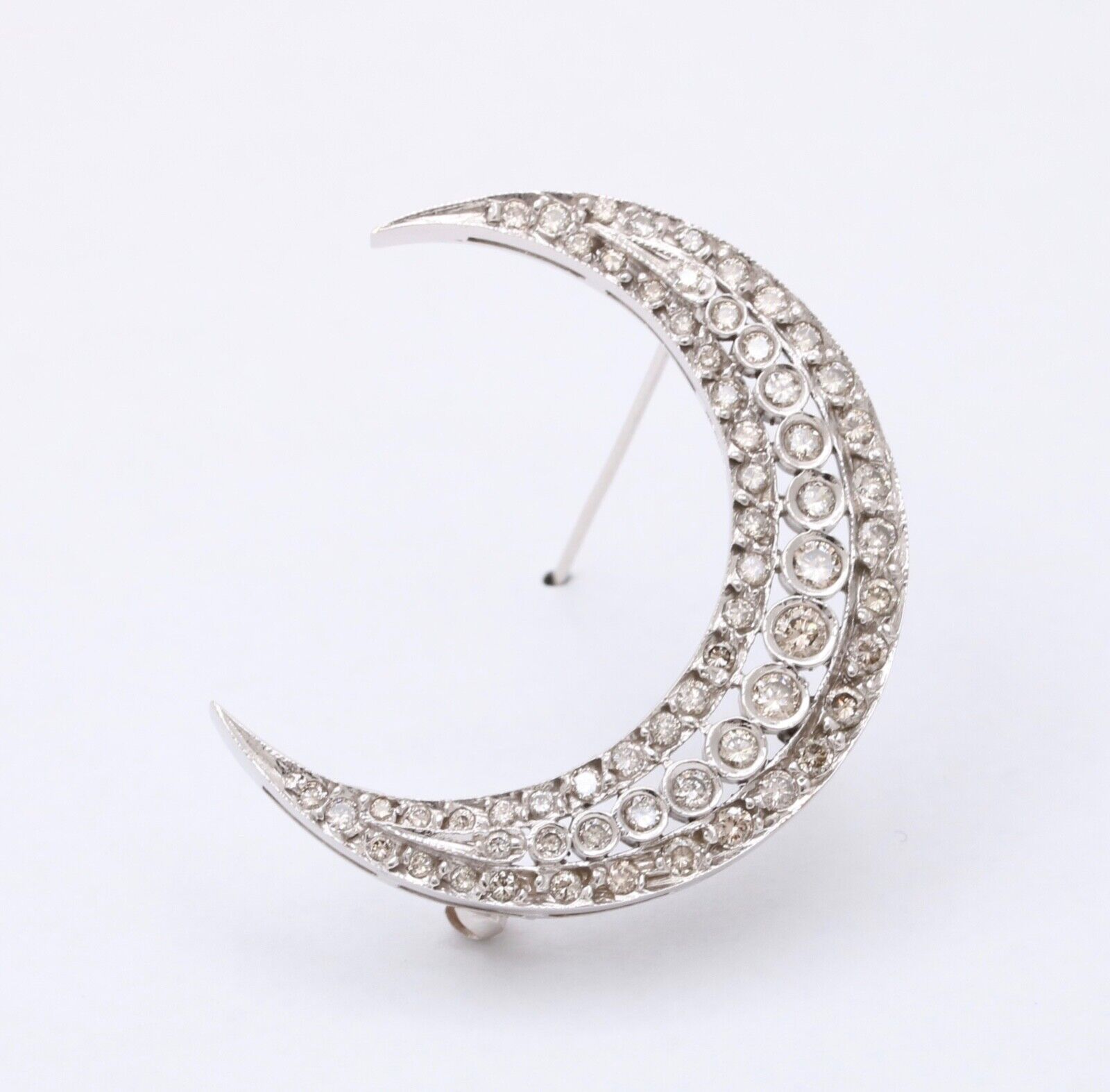 Vintage Diamonds 14K White Gold Crescent Moon Brooch Pin