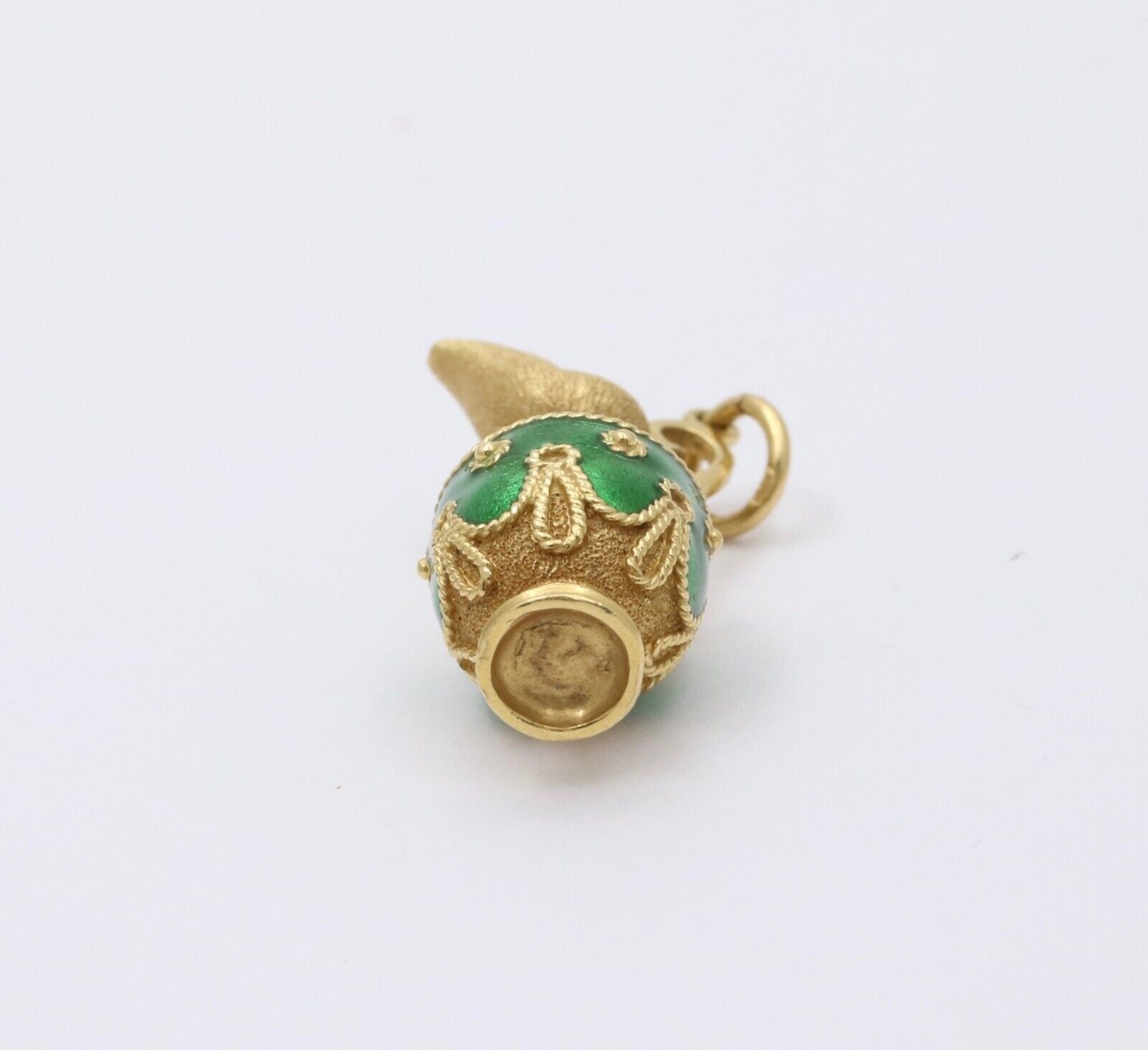 Vintage 18K yellow Gold Green Enamel European Jug Pitcher Charm Pendant.