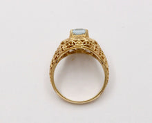 Load image into Gallery viewer, Vintage 10K Yellow Gold Filigree Blue Topaz Ring, Estate, Cocktail Ring
