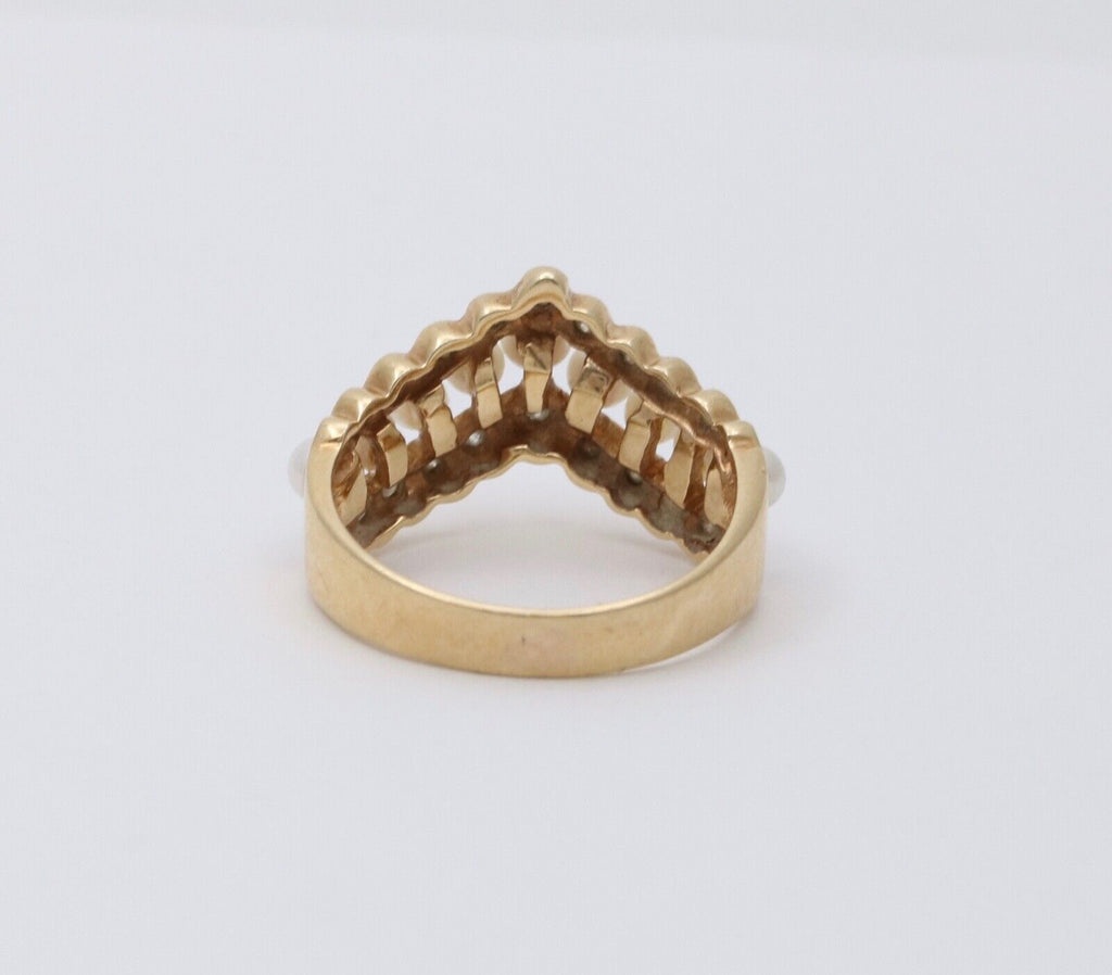 Vintage V Shape 14K Yellow Gold Pearl & Diamond Ring