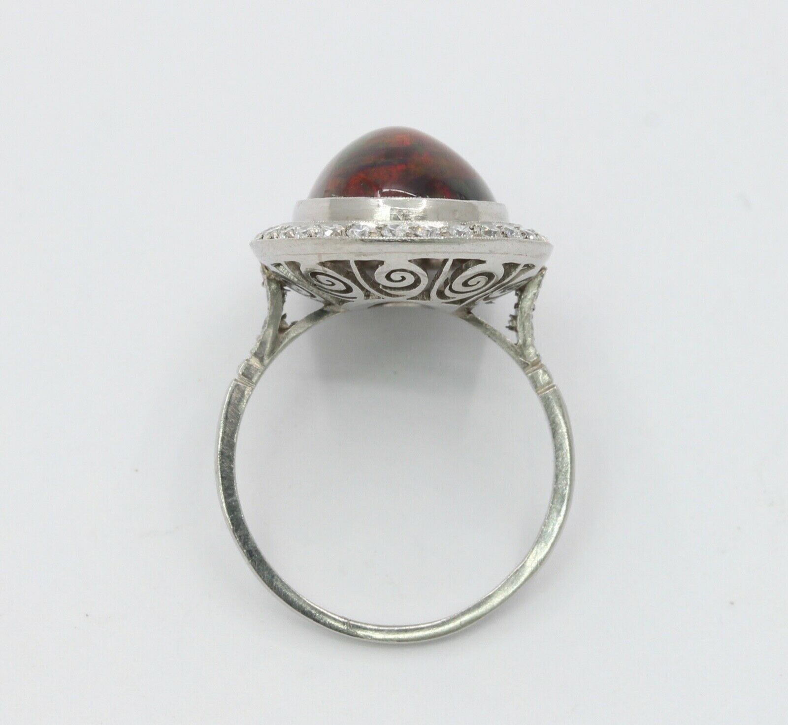 Vintage Ladies Cabochon Opal Diamonds Platinum Ring