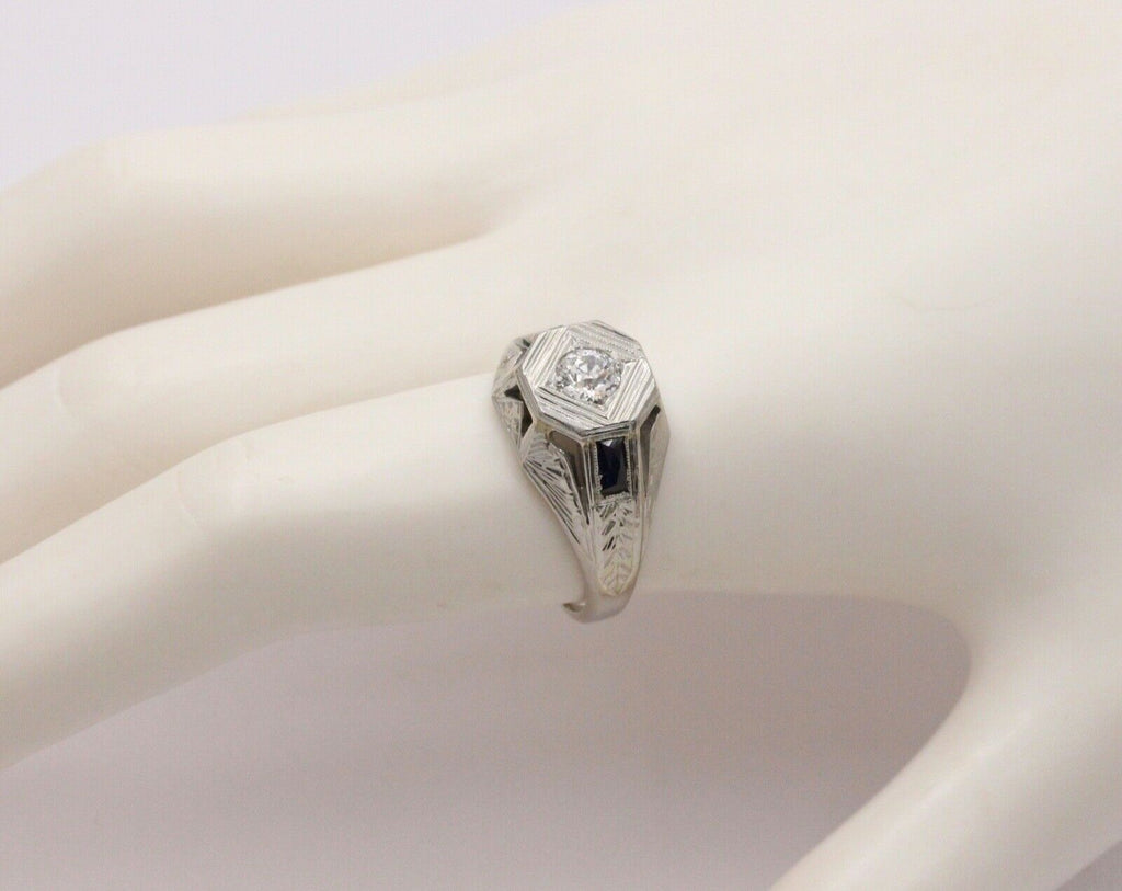 Antique Art Deco 14K White Gold Diamond & Sapphire Ring, Engagement Ring.