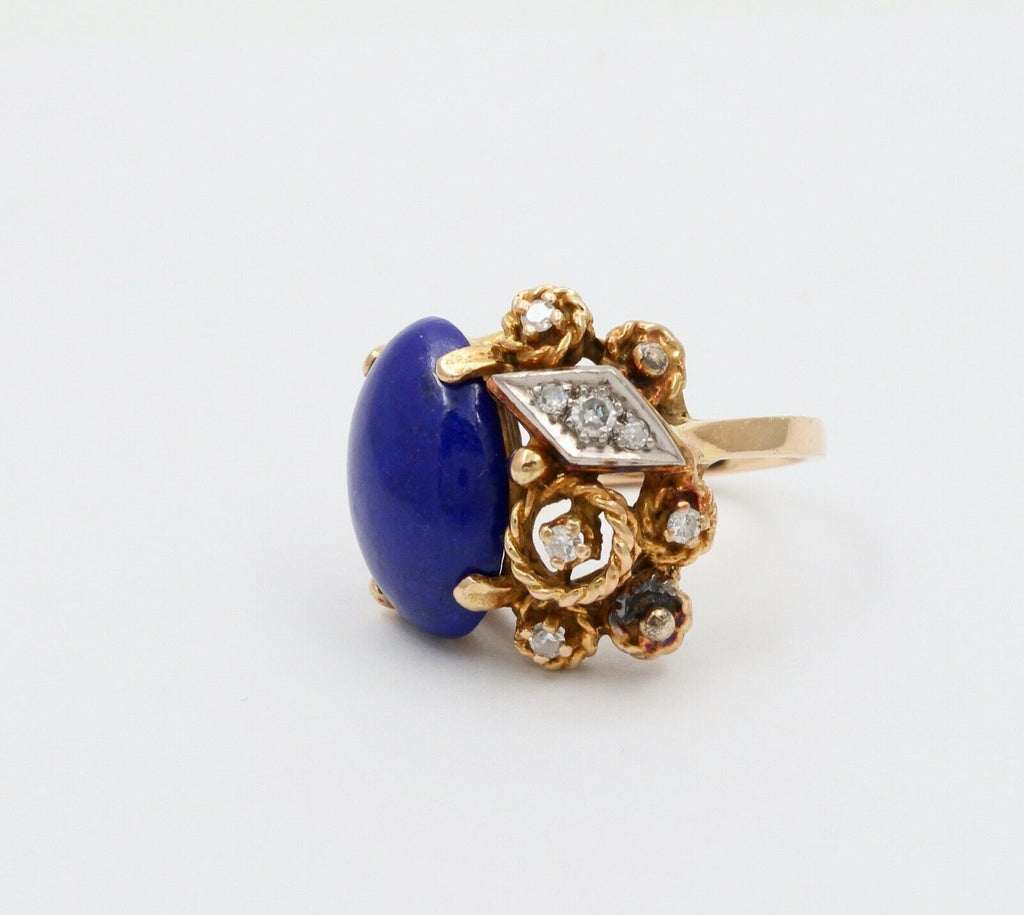 Vintage 14K Yellow Gold Lapis Lazuli & Diamond Artistic Ring