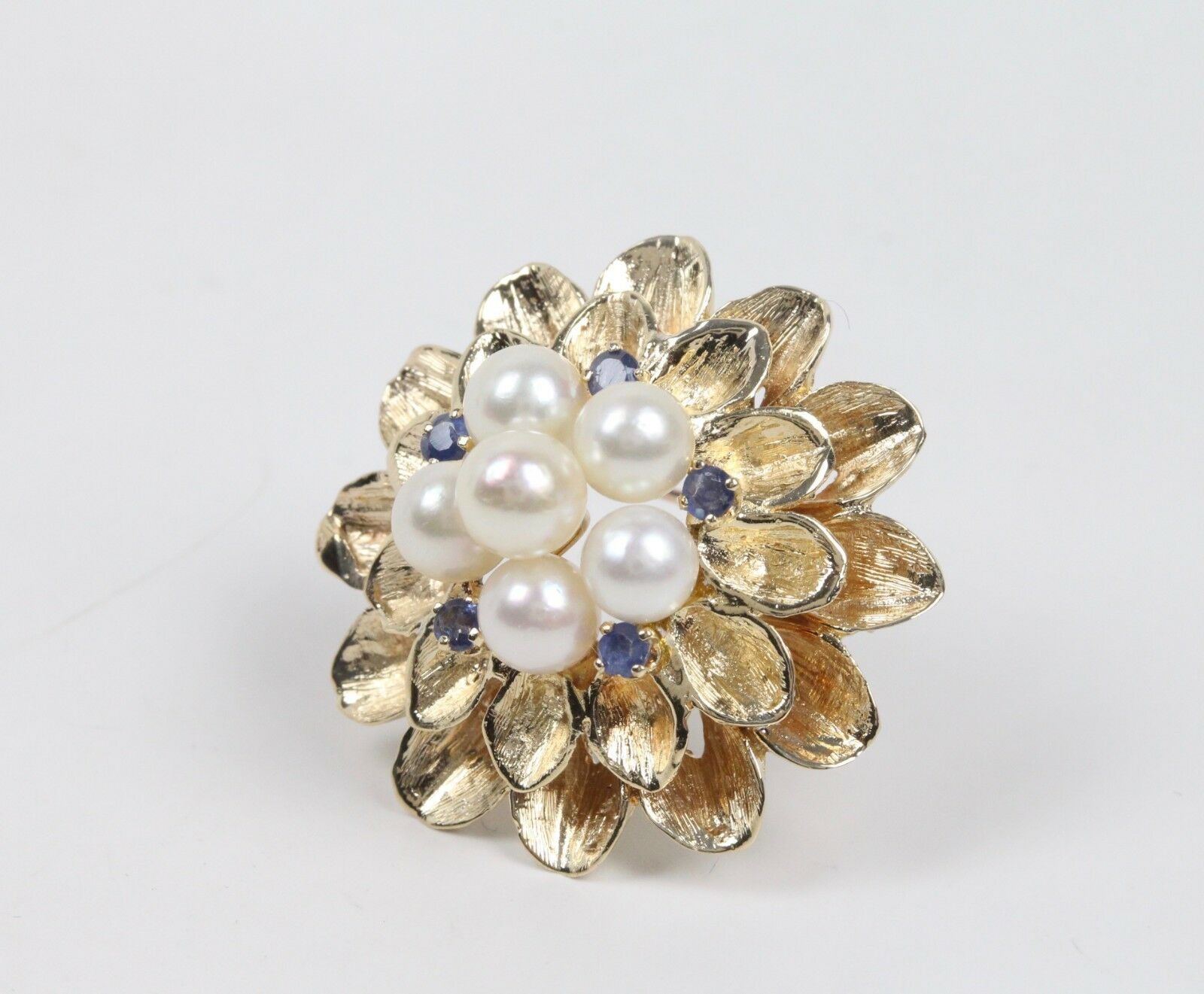 Vintage 14K Yellow Gold Pearl Sapphire Floral Brooch