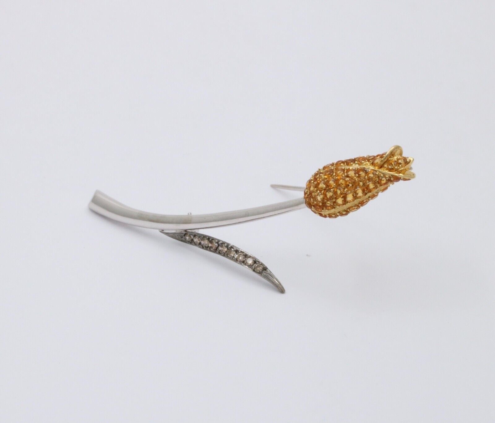 Vintage Elegant Tulip Yellow Sapphire & Champagne Diamond 18K White Gold Brooch