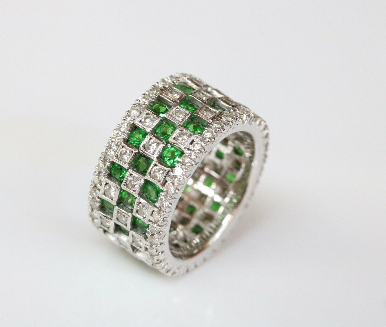 Vintage Checkerboard Tsavorite Garnet and Diamond 18K White Gold Ring