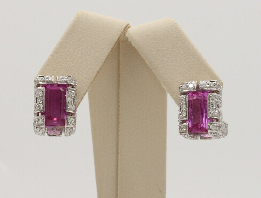 Vintage 18K White Gold Haggis’s Emerald Cut Pink Topaz Diamond Earrings
