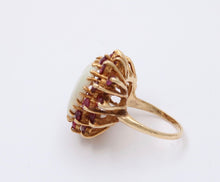 Load image into Gallery viewer, Vintage 14K Gold Heart Opal &amp; Ruby Halo Ring.
