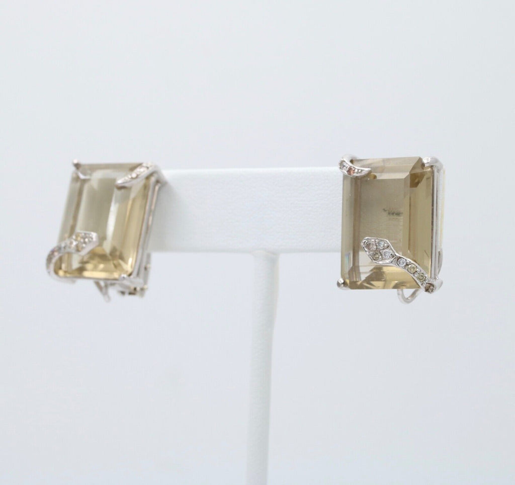 Vintage Modernist Snake Topaz and Diamond 18K White Gold Clip On Earrings