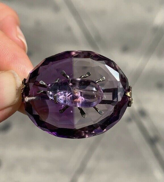 Victorian Scarab Bettle Carved Amethyst 14K yellow Gold Brooch Pin