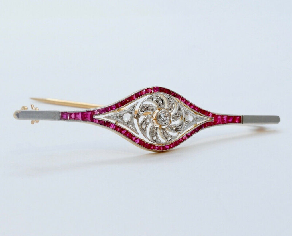 Art Deco Old Minor Rose Cut Diamonds Rubies 18K WG/YG Brooch Pin
