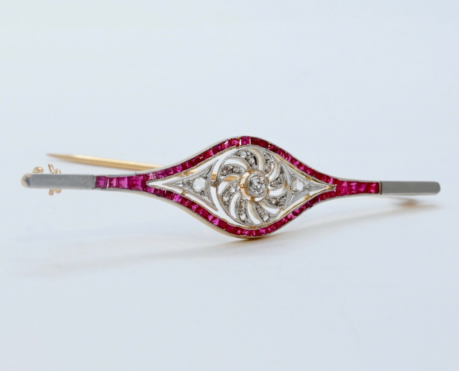 Art Deco Old Minor Rose Cut Diamonds Rubies 18K WG/YG Brooch Pin