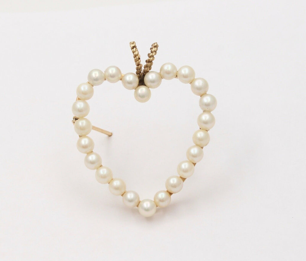 Vintage Heart 14K Yellow Gold Pearls Brooch Pendant