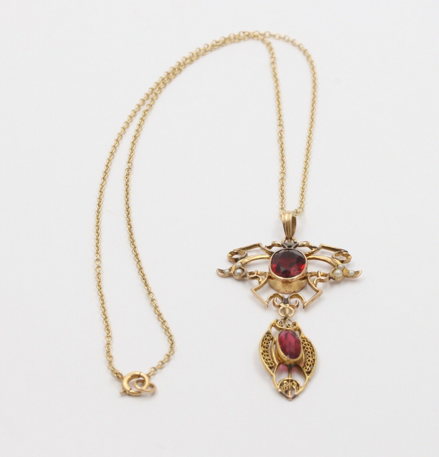 Art Nouveau Garnets 10K Yellow Gold Chandelier Pendant 14K Chain