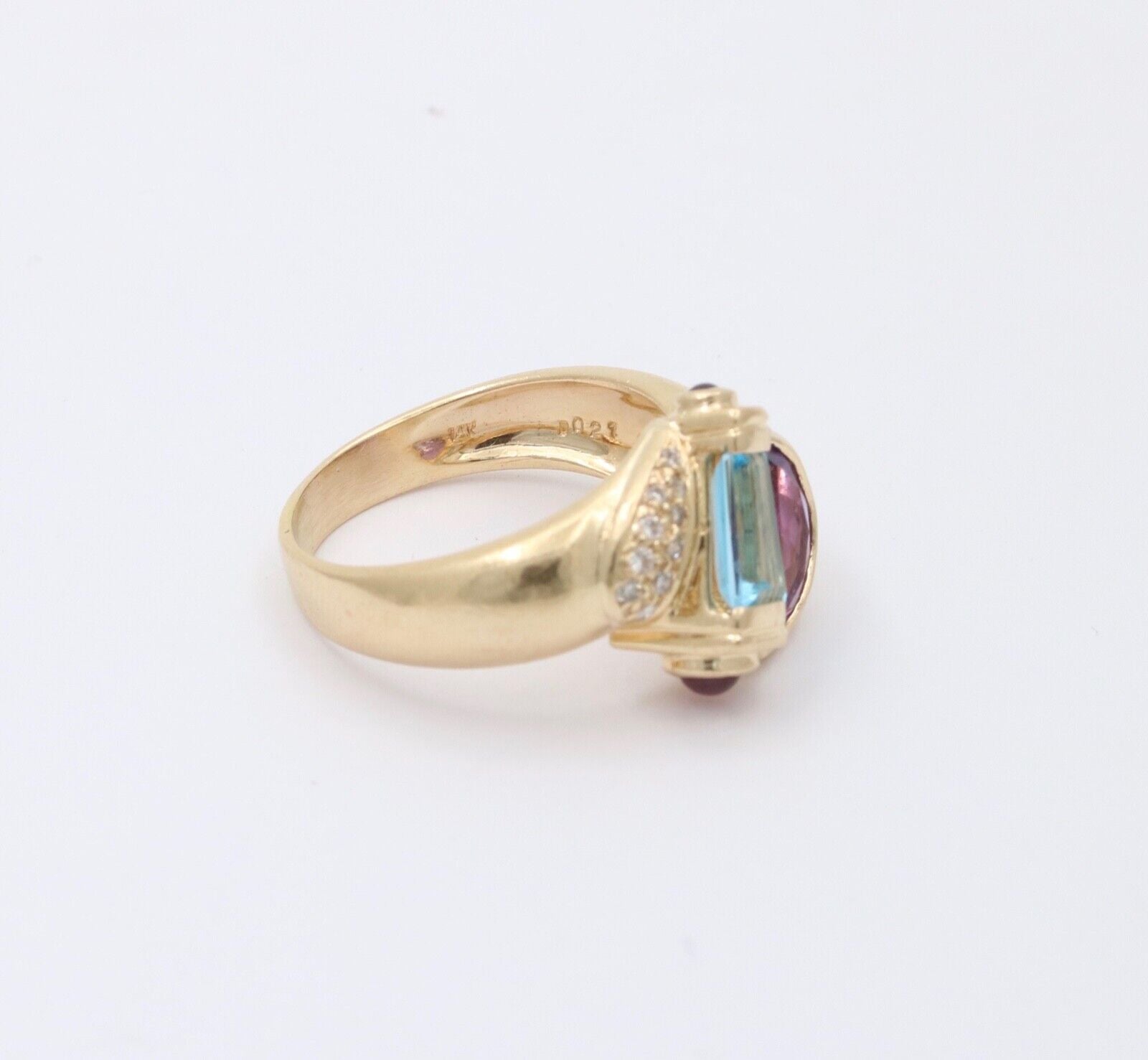 Vintage Geometric Amethyst Blue Topaz Tourmalines Diamonds 14K Yellow Gold Ring