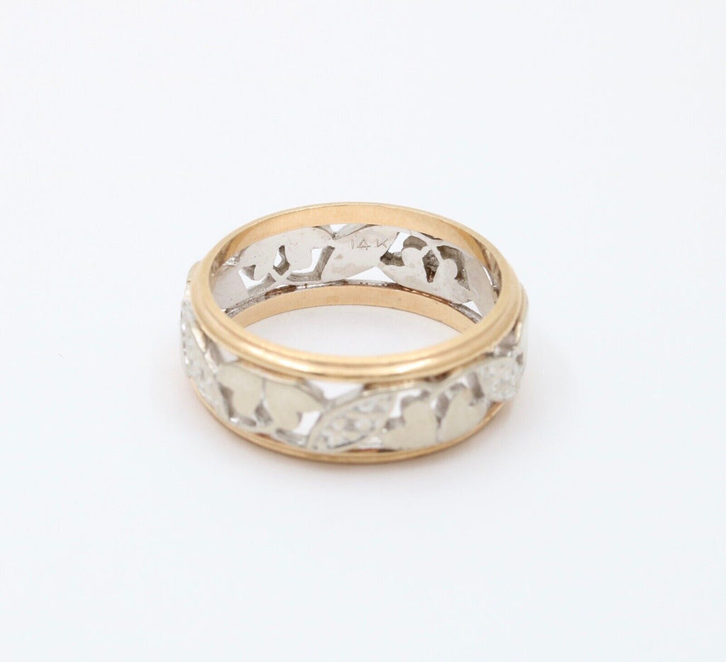 Vintage Heart and Leaves 14K White Yellow Gold Ring Band