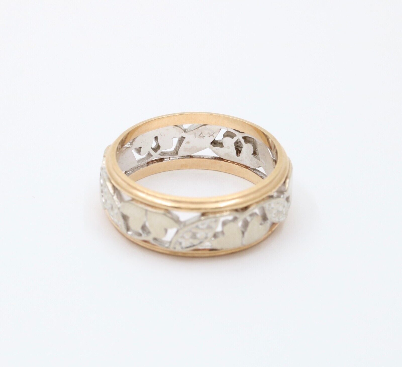 Vintage Heart and Leaves 14K White Yellow Gold Ring Band