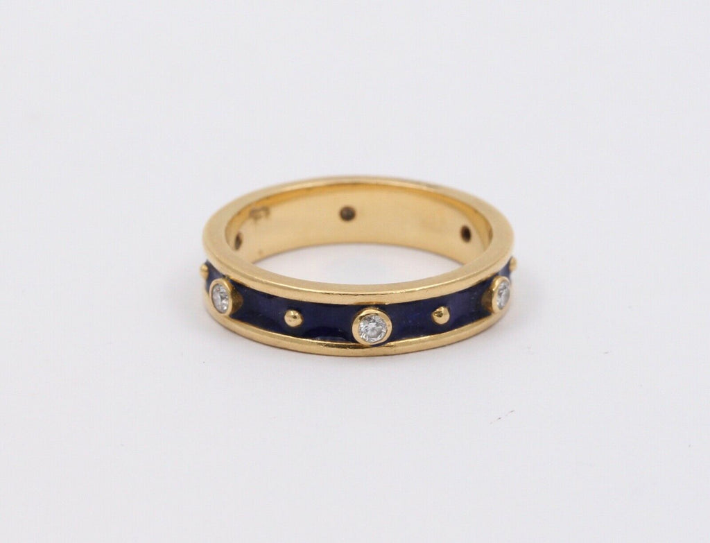 Vintage Ladies Diamonds 18K Yellow Gold Enamel Wedding Band Stacking Ring